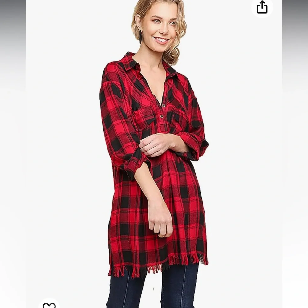 Umgee red buffalo plaid tunic top - Picture 13 of 15